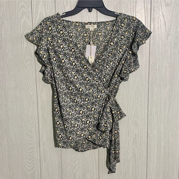Max Studio Black Yellow Floral Wrap Top Size Small NWT - Picture 1 of 4